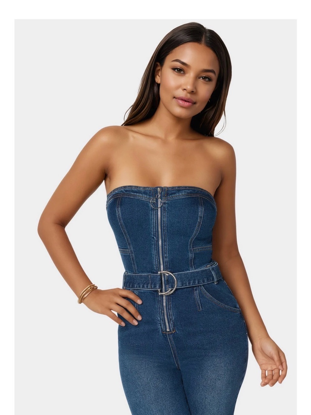 bebe True Blue Strapless Denim Jumpsuit